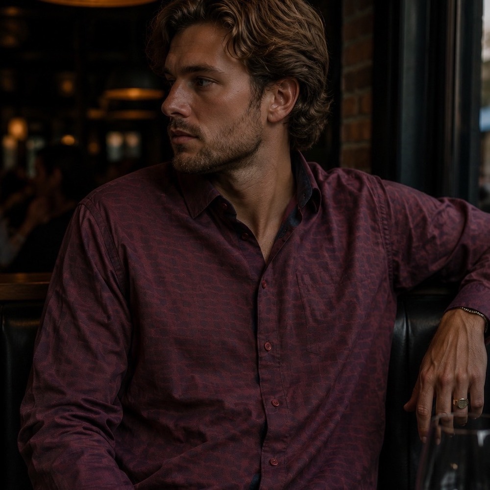 Maceoo Button Up Long Sleeve Shirt‎ Men's 2XL  Burgundy Paris Designer Italy